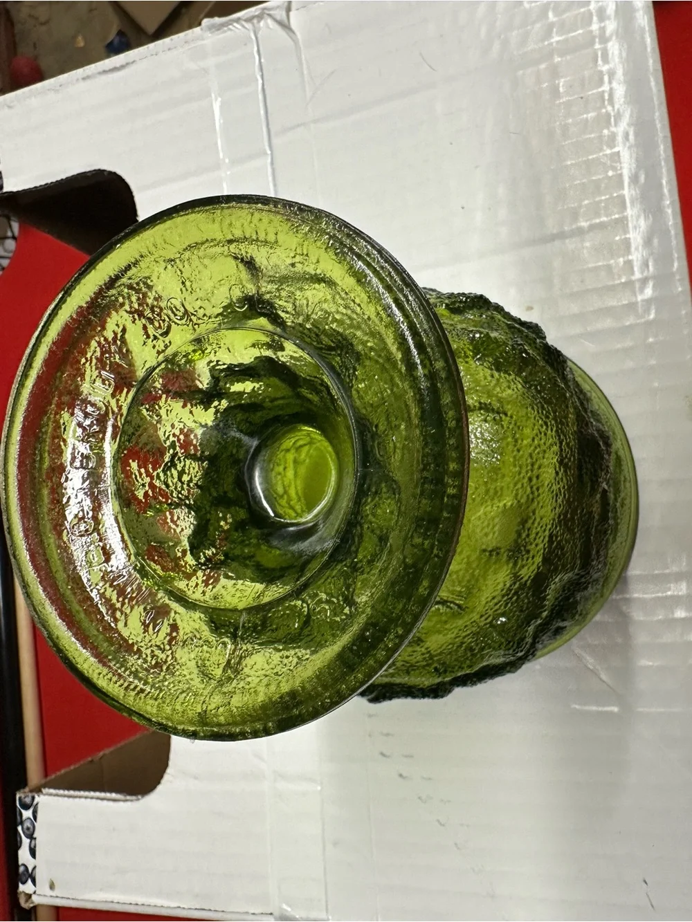 Vintage E.O. Brody Avocado Green Crinkle Glass Pedestal Compote Bowl 6